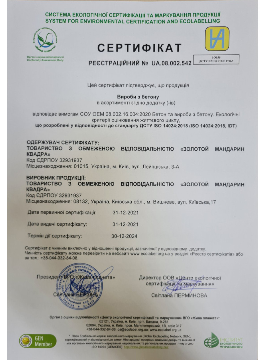 Экологический сертификат соответствия (изделия из бетона)