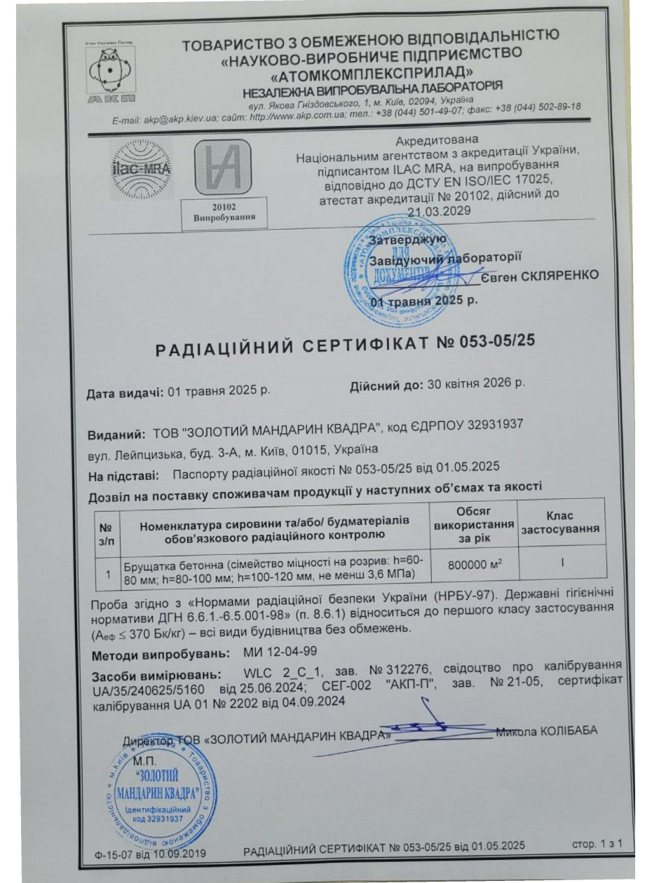 Радиационный сертификат  Изделия тротуарные неармованые