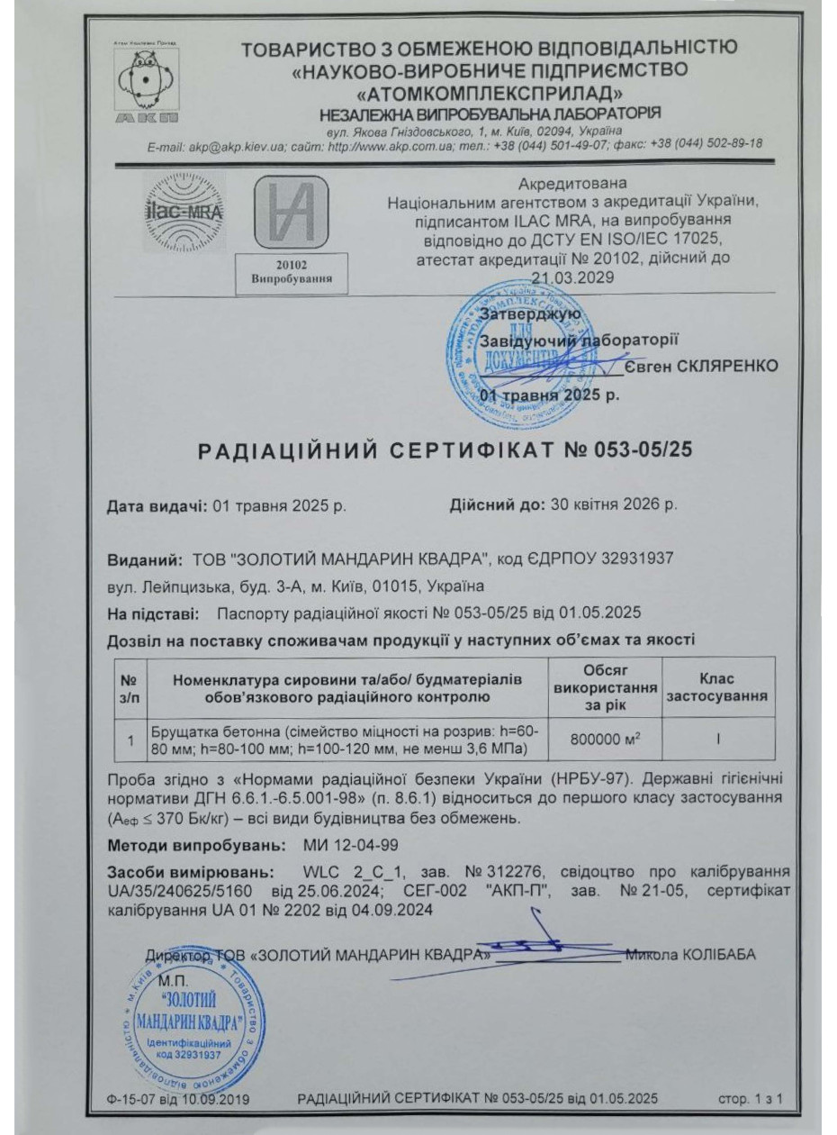 Радиационный сертификат  Изделия тротуарные неармованые