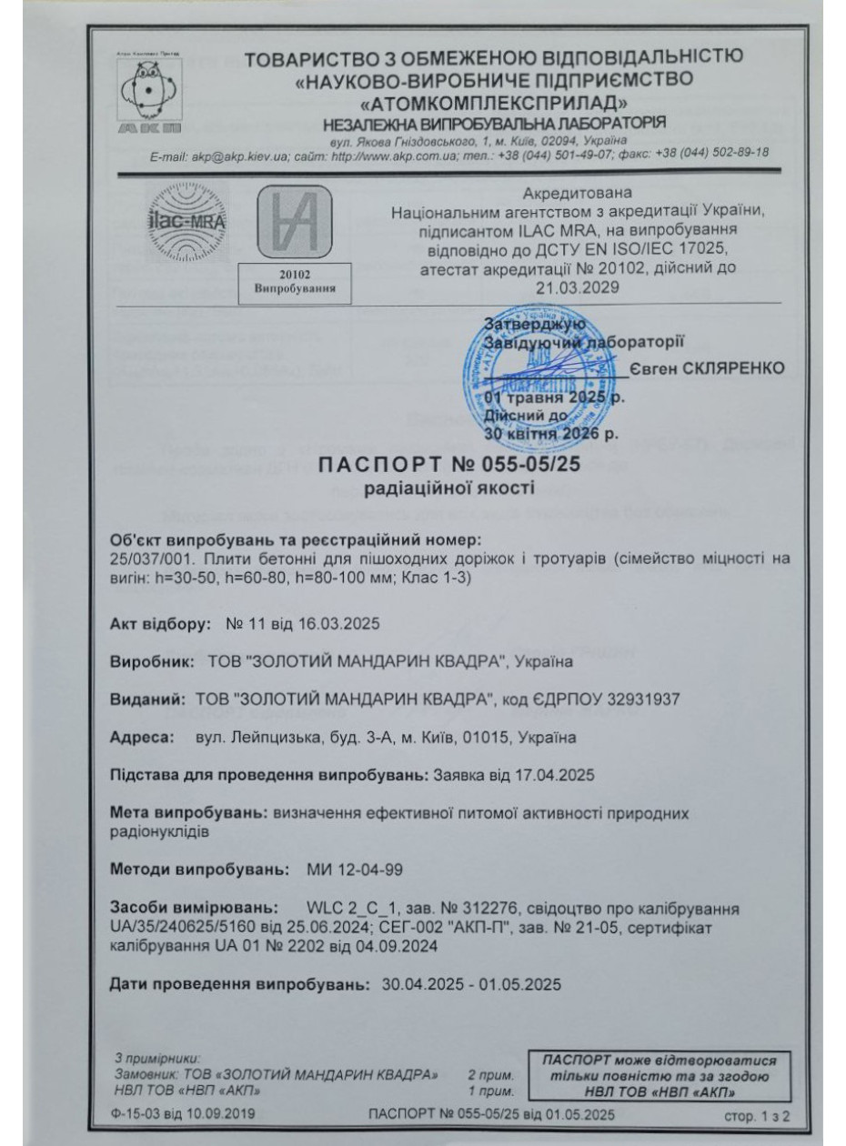 Паспорт радиационного качества 1 Плиты бетонные для пеш дорожек