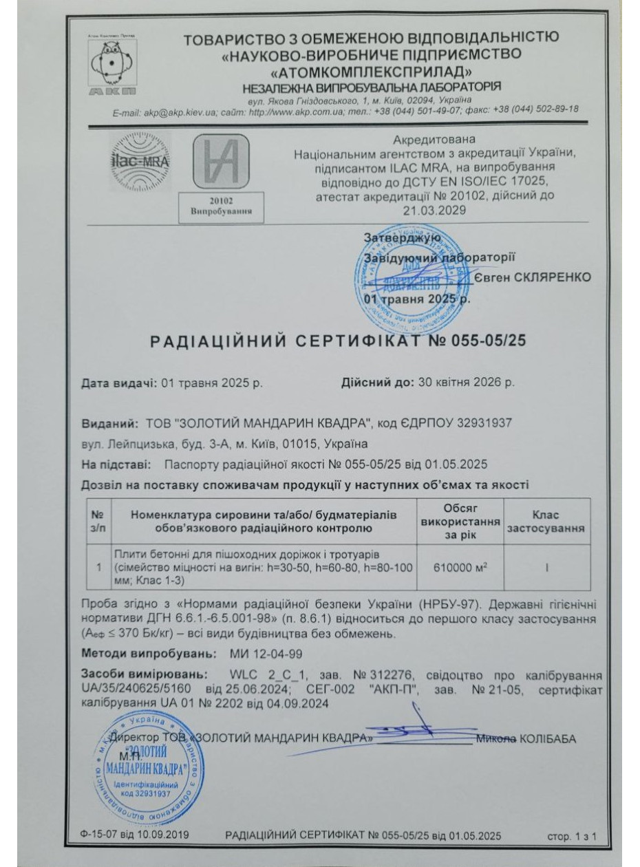 Радиационный сертификат 1 Плиты бетонные для пеш дорожек