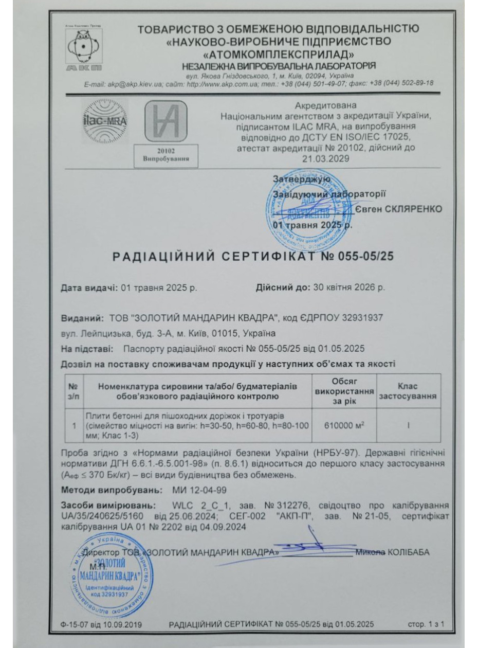 Радиационный сертификат 1 Плиты бетонные для пеш дорожек