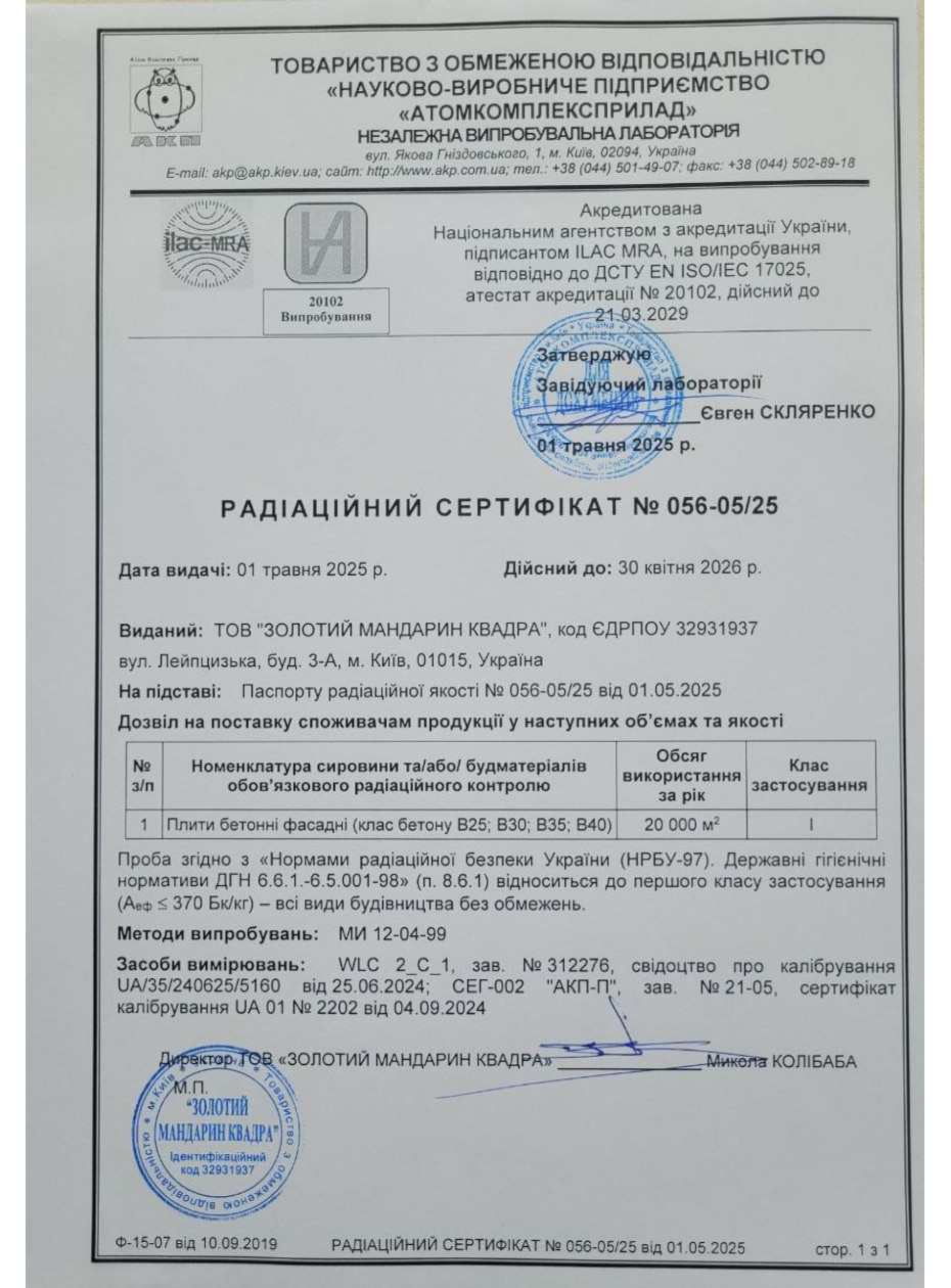 Радиационный сертификат Бетонні плити фасадні:
