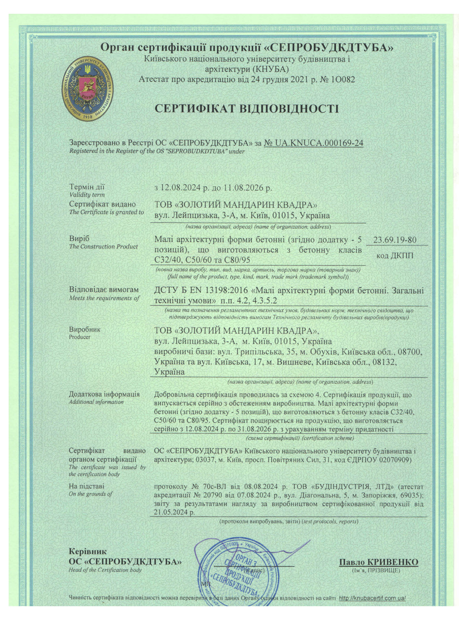 Сертификат соответствия ДСТУ EN Малые архитектурные формы