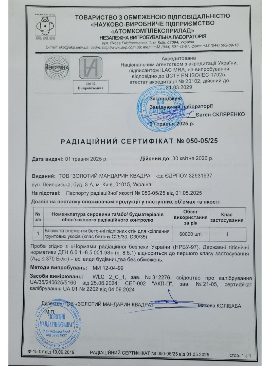 Радиационный сертификат Блоки для подпорных стен: