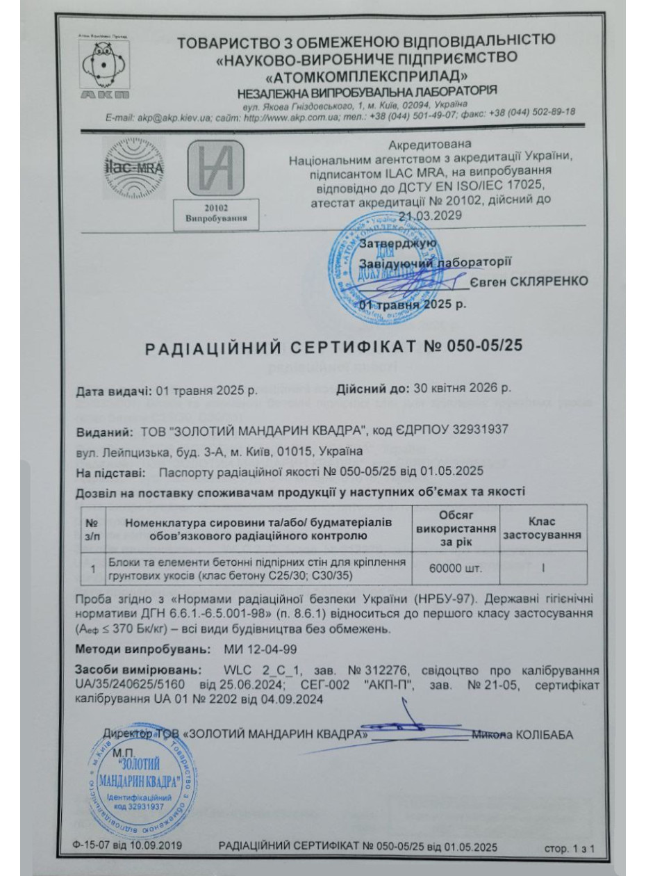 Радиационный сертификат Блоки для подпорных стен: